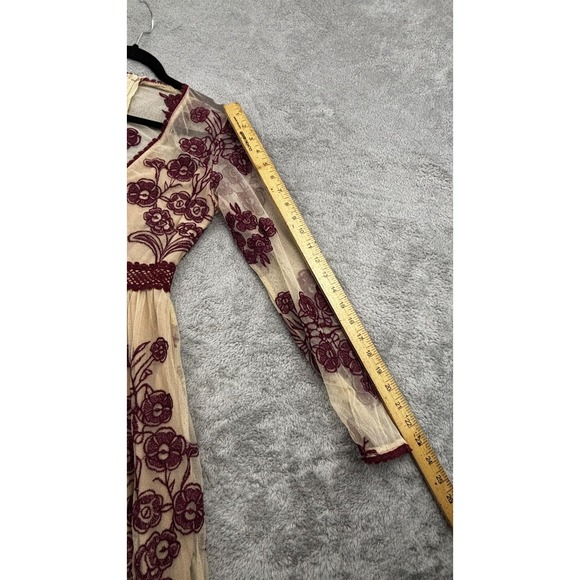 Unbranded Embroidered Floral Mesh Maxi Dress Women S Beige Burgundy Boho Prairie - Picture 10 of 12